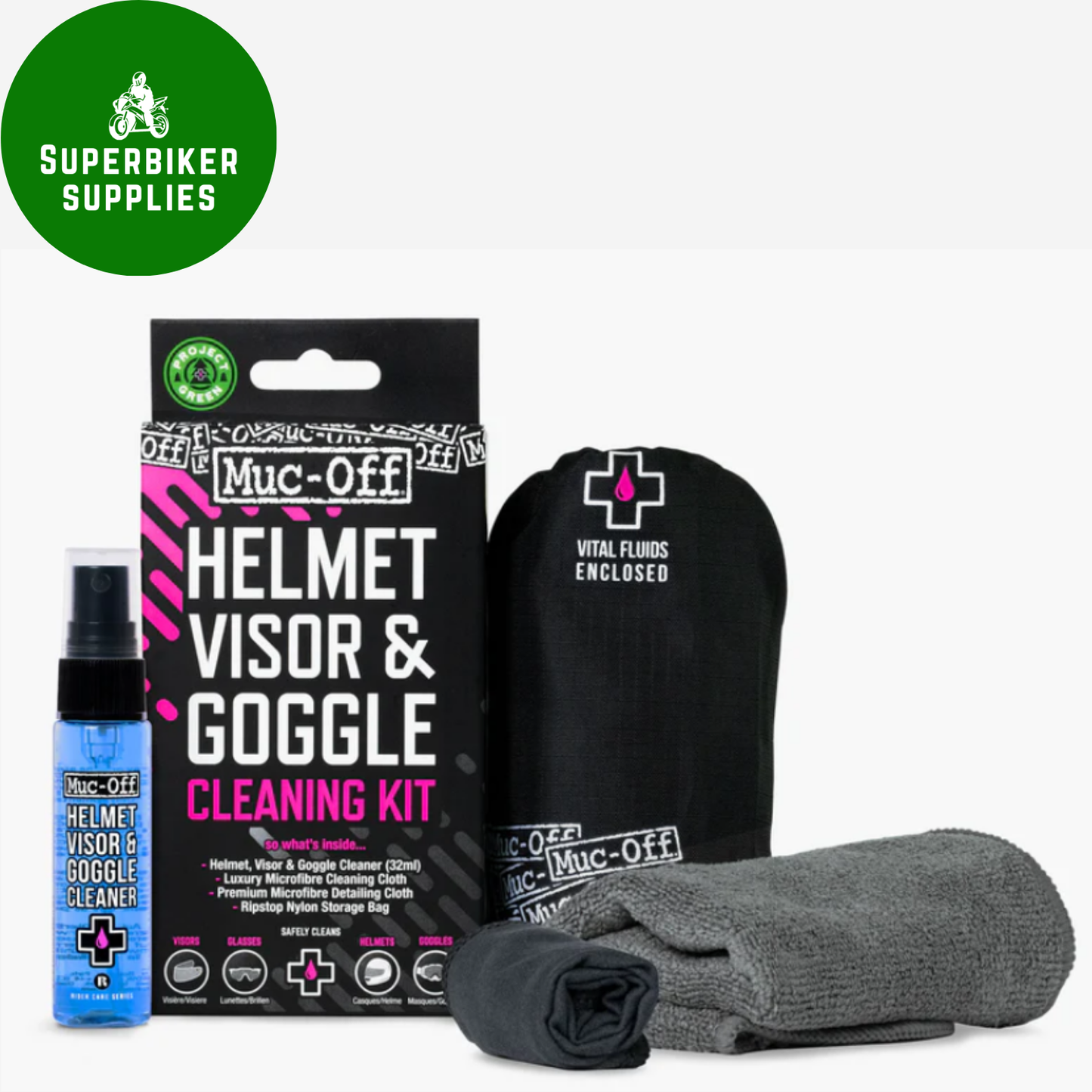 Muc Off Helmet Visor Goggle Cleaner Microfibre Cloth Bag Cleaning Kit Set V2